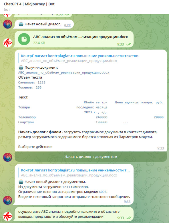 Рисунок 38 — Интерфейс ChatGPT 4 | MidJourney | Bot, начало диалога с документом